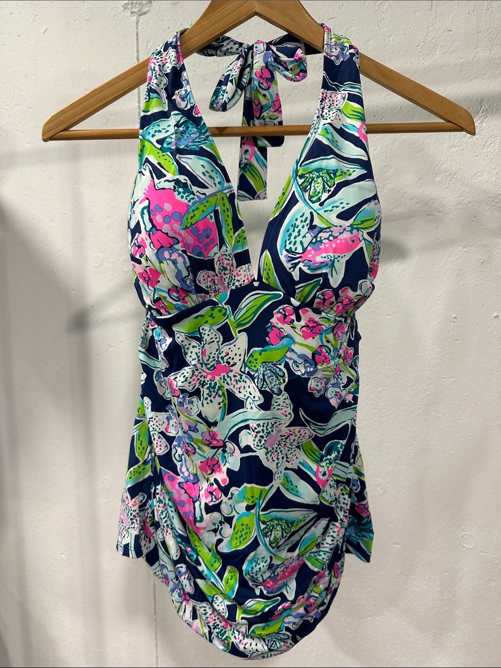 Lilly Pulitzer Navy Floral Halter swim top with Pink & Green Accents